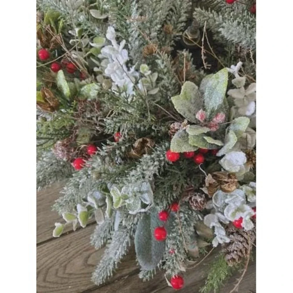 Vintage Bicycle Wheel Christmas Wreath Door Hanger Frosted Glitter Greenery